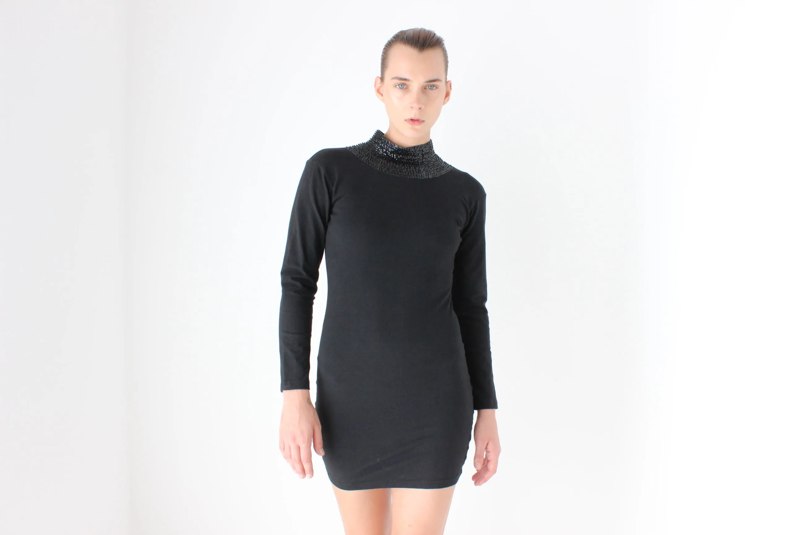 80s Stretch Cotton Sexy High Sequin Neck Bodycon Disco Dress
