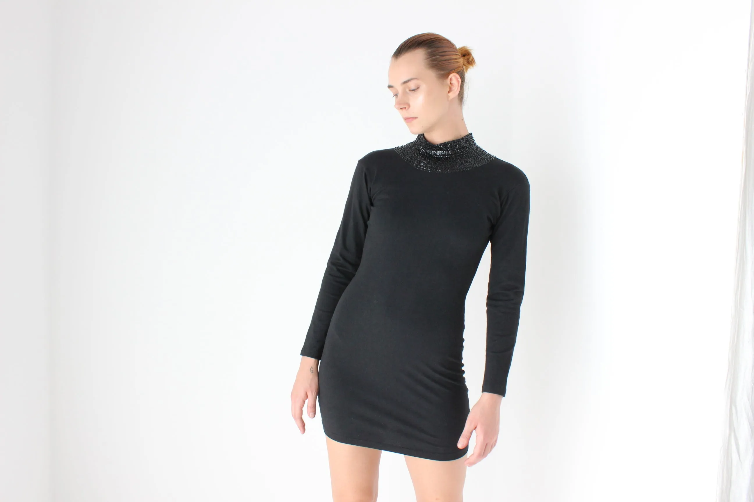 80s Stretch Cotton Sexy High Sequin Neck Bodycon Disco Dress