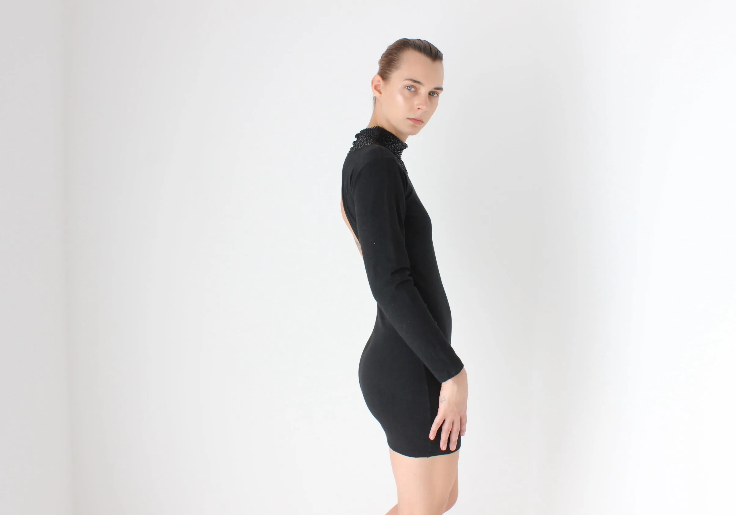 80s Stretch Cotton Sexy High Sequin Neck Bodycon Disco Dress