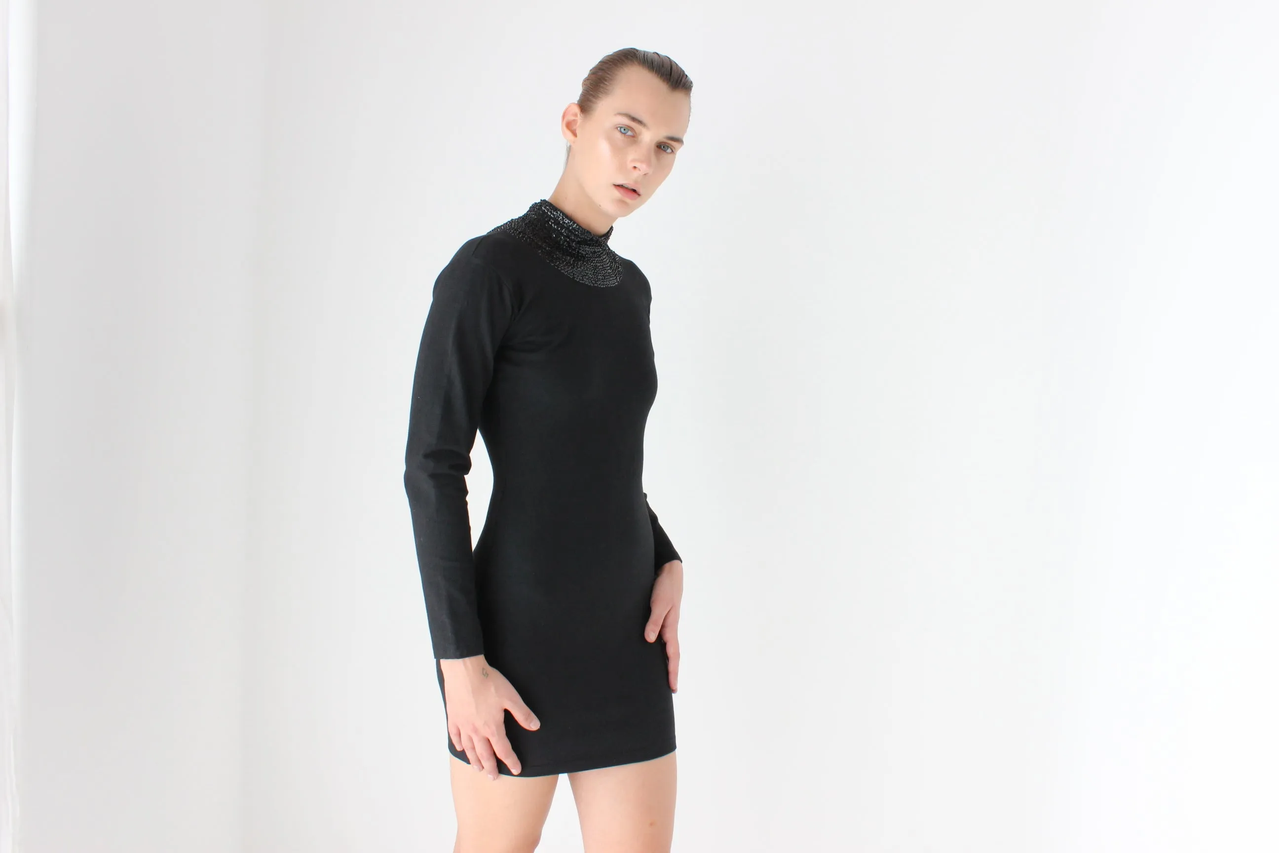 80s Stretch Cotton Sexy High Sequin Neck Bodycon Disco Dress