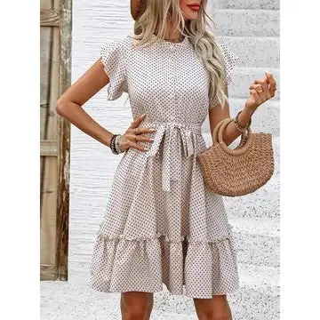 Along For The Ride Beige Wave Dot Belted Dress