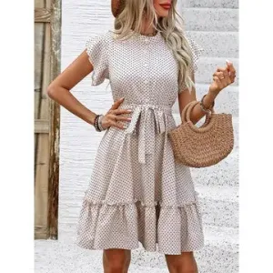 Along For The Ride Beige Wave Dot Belted Dress