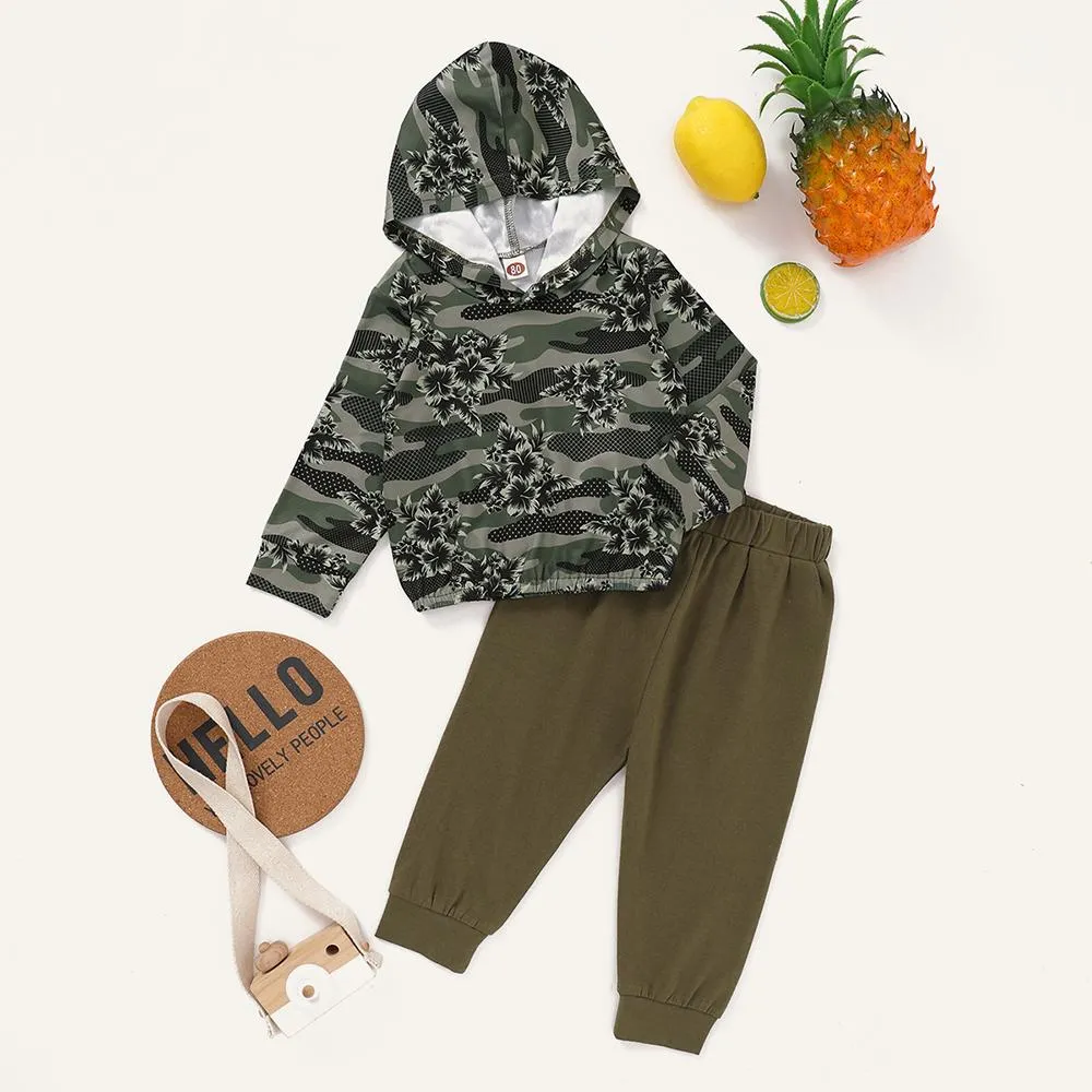 Baby Unisex Printed Hooded Long-Sleeve Top & Pants Wholesale Baby Cloths