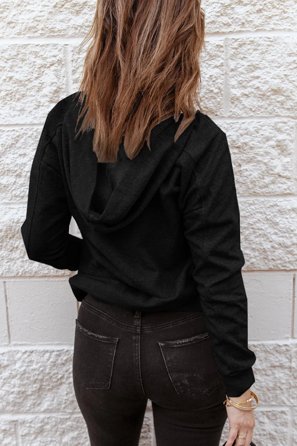 Black Casual Solid Color Lace-up Hoodie