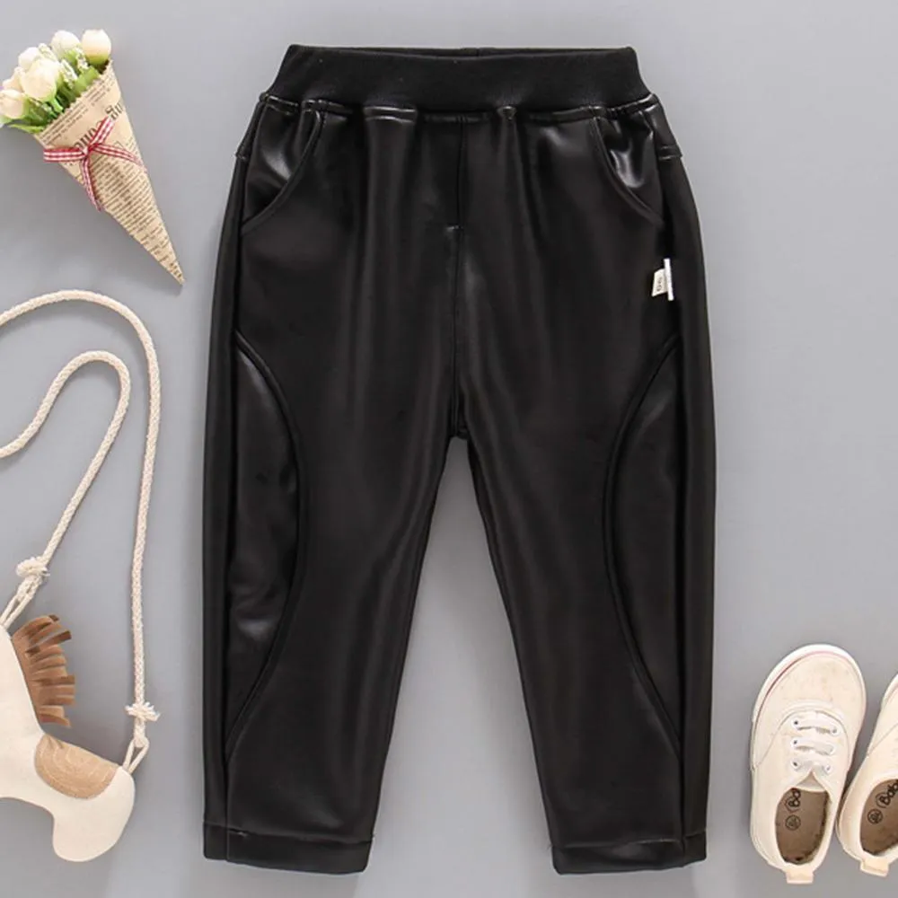 Boys Casual Pocket Artificial Leather Pants Wholesale Bulk Childrens Clothing Suppliers