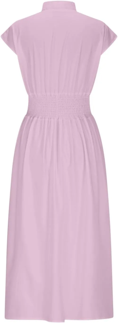 Casual Dresses for Women 2025 Summer Beach Sundress Cap Sleeve V Neck Zip Front Flowy Slit Midi Dress with Pocket
