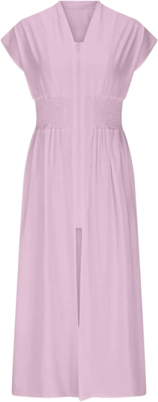 Casual Dresses for Women 2025 Summer Beach Sundress Cap Sleeve V Neck Zip Front Flowy Slit Midi Dress with Pocket
