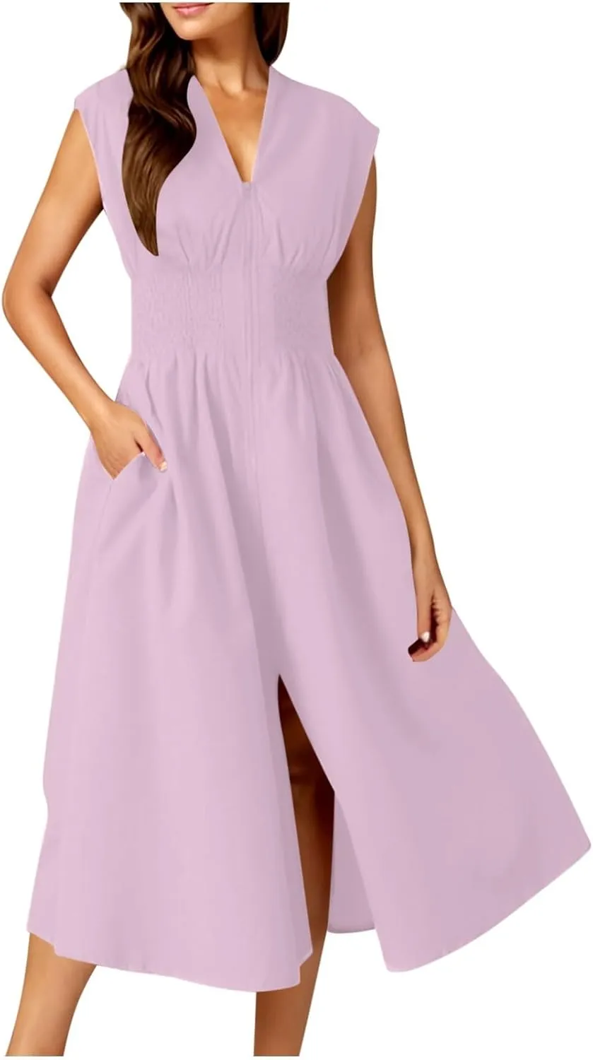 Casual Dresses for Women 2025 Summer Beach Sundress Cap Sleeve V Neck Zip Front Flowy Slit Midi Dress with Pocket