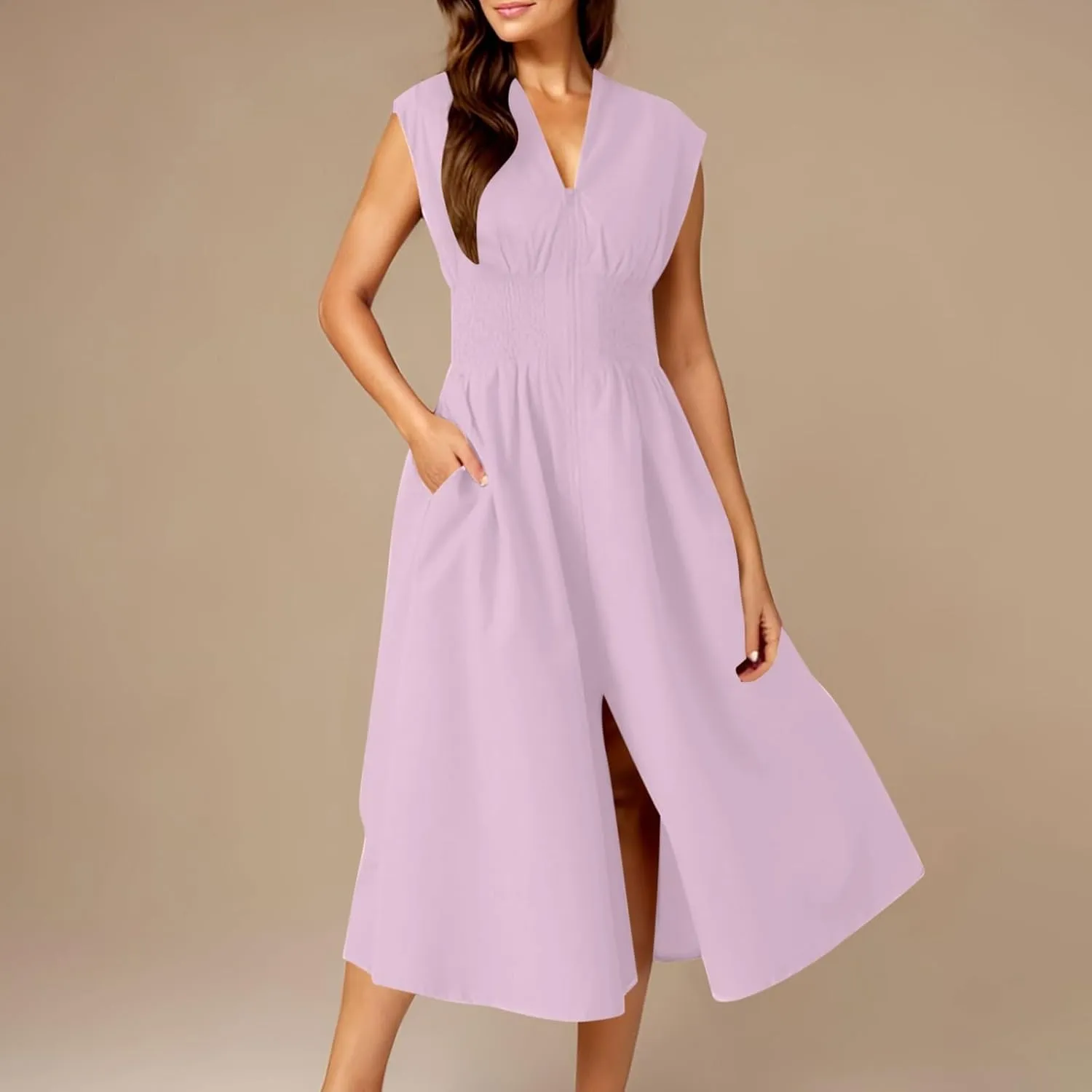 Casual Dresses for Women 2025 Summer Beach Sundress Cap Sleeve V Neck Zip Front Flowy Slit Midi Dress with Pocket