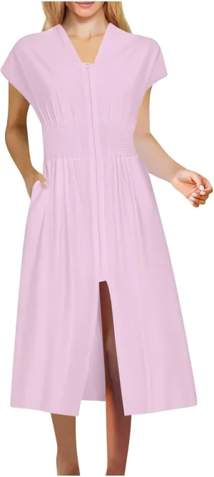 Casual Dresses for Women 2025 Summer Beach Sundress Cap Sleeve V Neck Zip Front Flowy Slit Midi Dress with Pocket