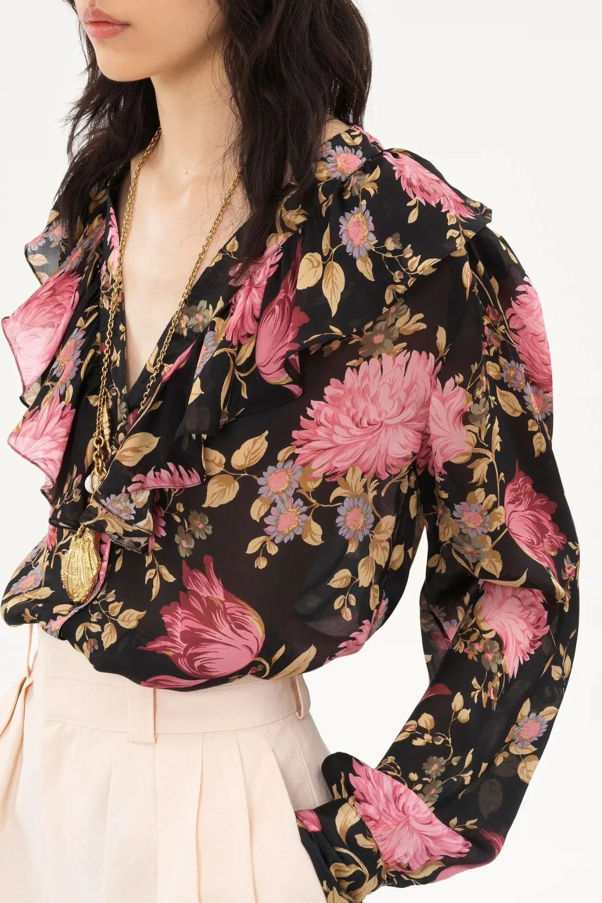 Chlo Floral Ruffle LS Top - Black