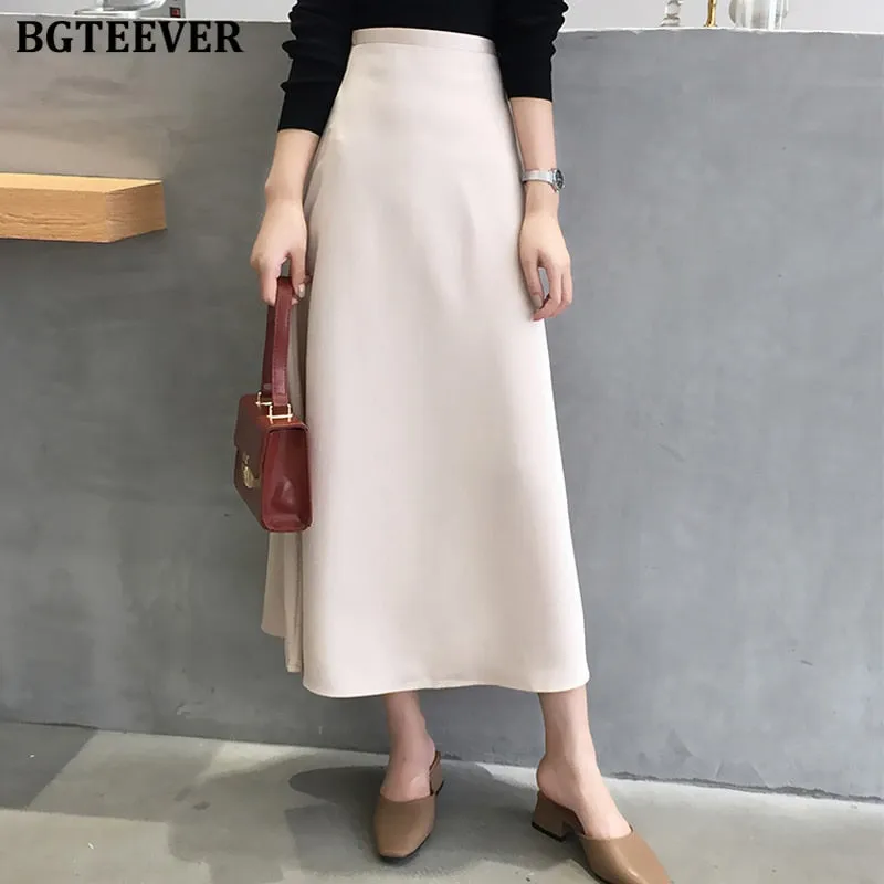 Christmas Gift Joskaa Casual Soft Office Ladies Skirts Women Elegant High Waist Zipper Satin Female Skirt Mid-length 2020 Spring Summer