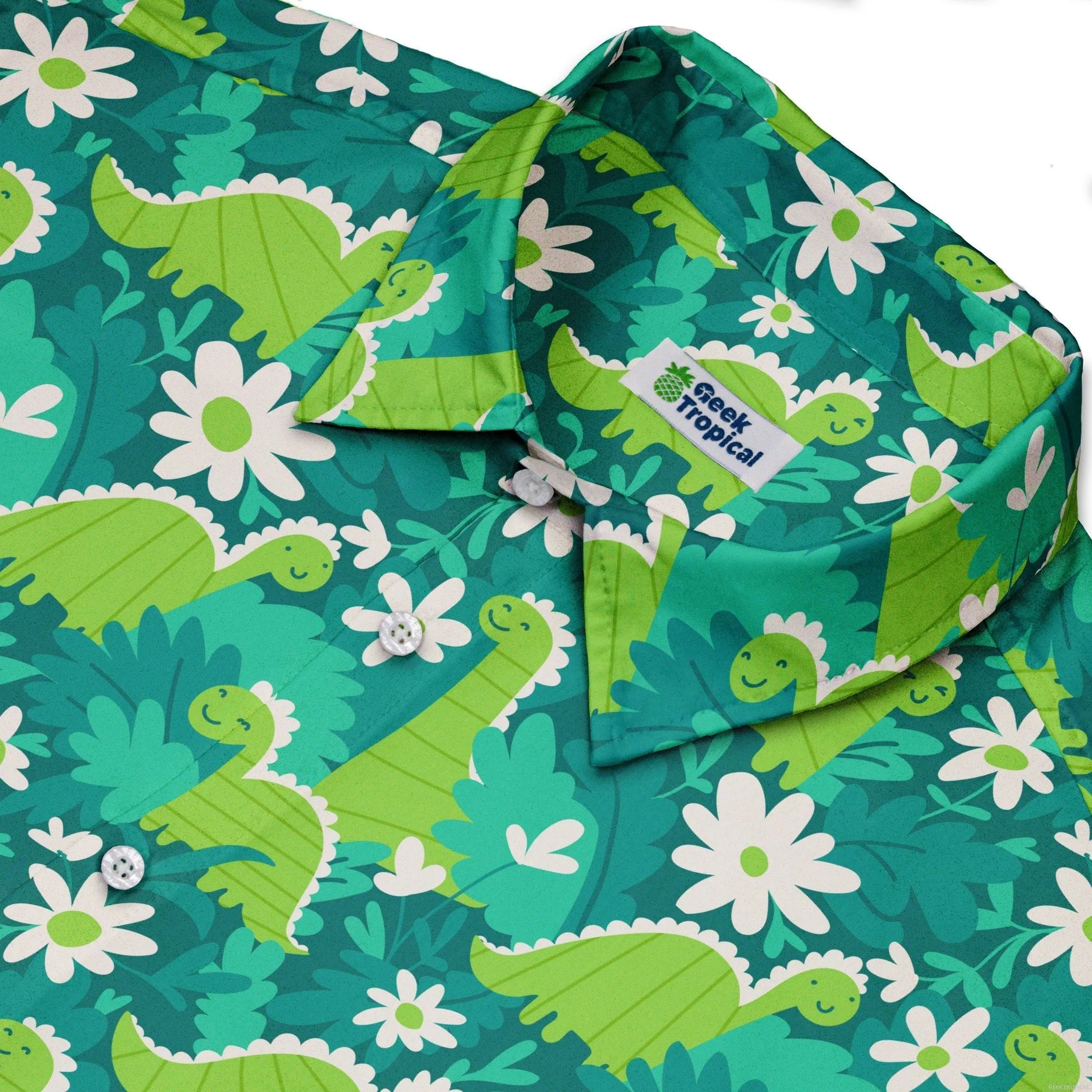 Dinosaur Smiles Flowers and Leaves Button Up Shirt