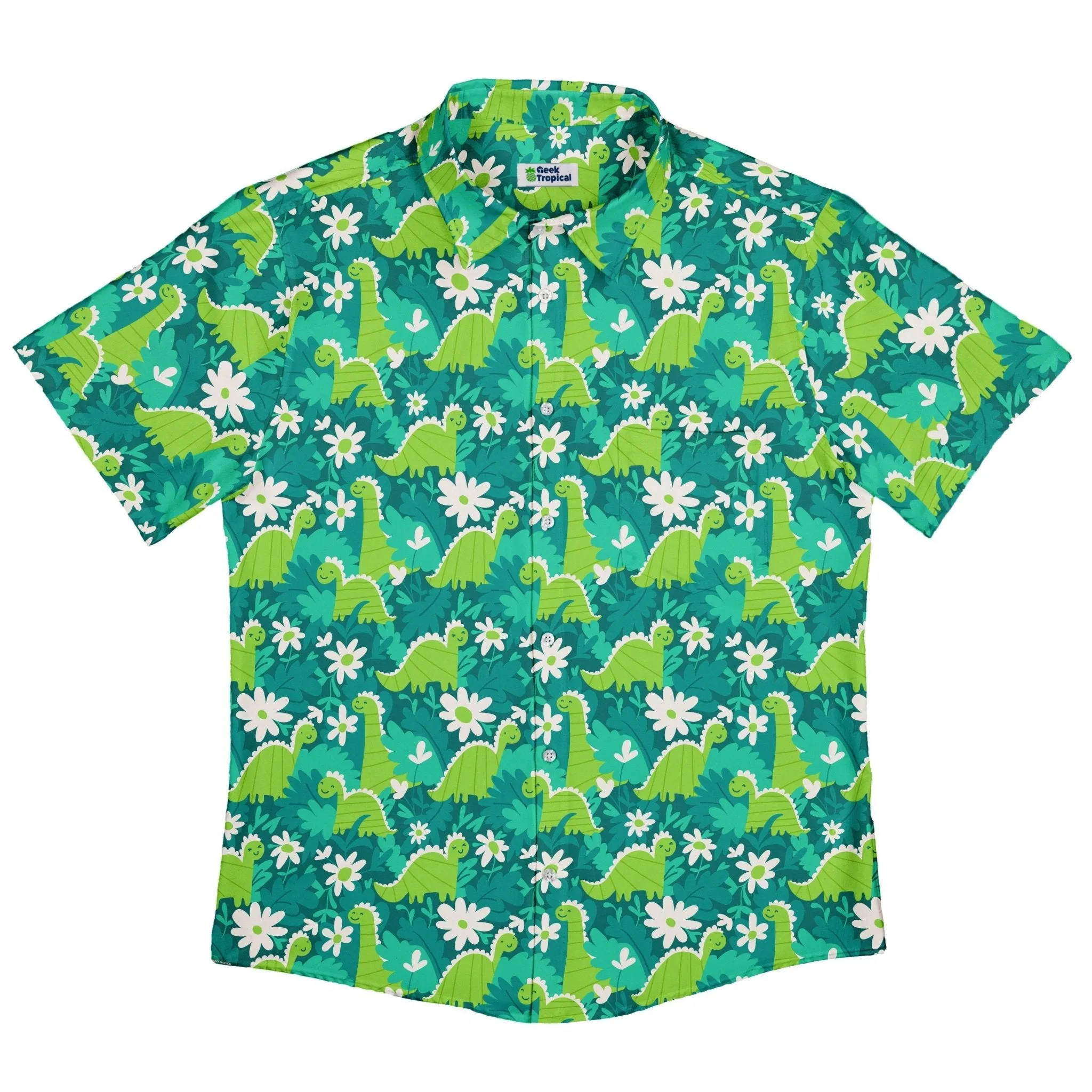 Dinosaur Smiles Flowers and Leaves Button Up Shirt