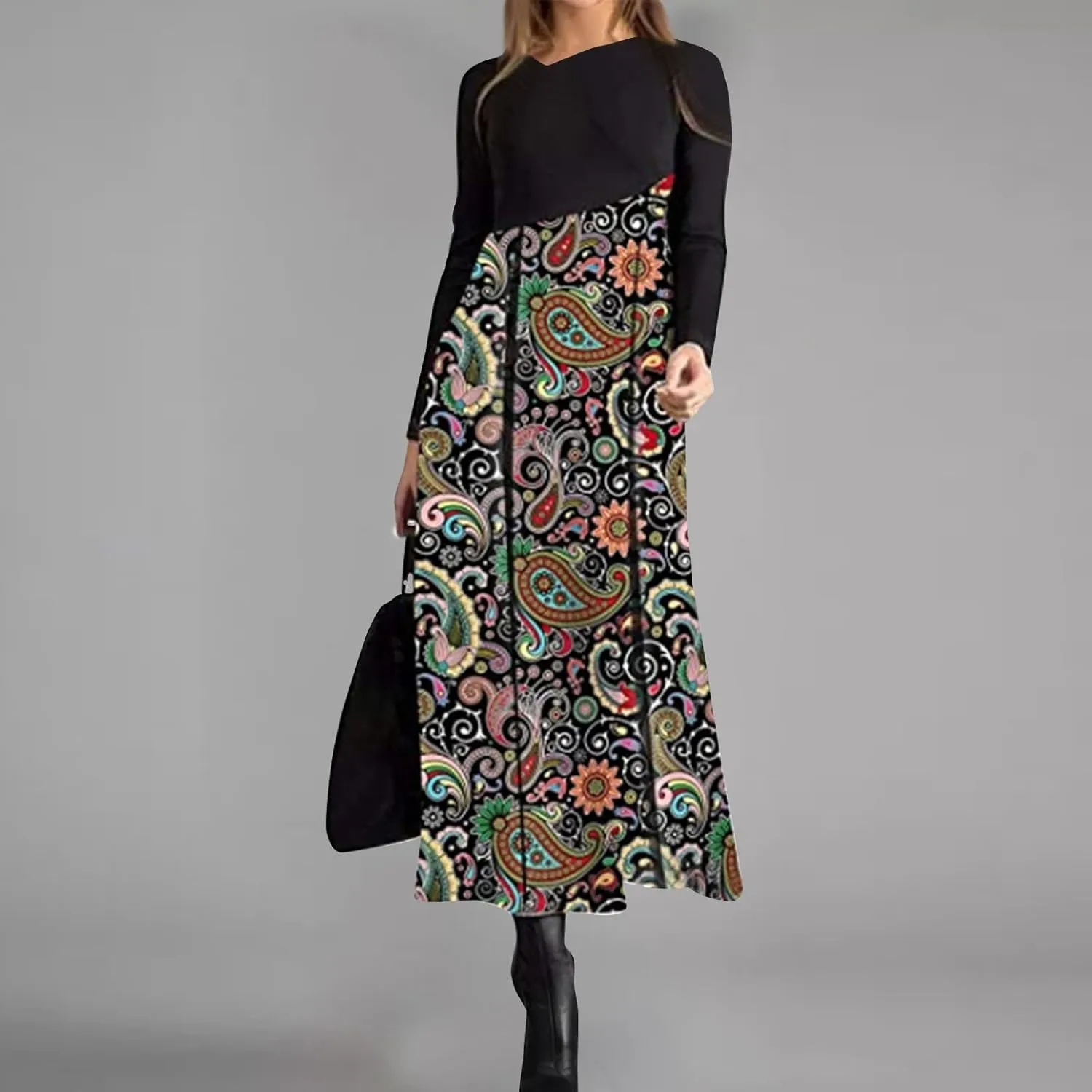Dresses for Women 2025 Spring Midi V Neck Long Sleeve Work Boho Cute Modest Holiday Loose Dress