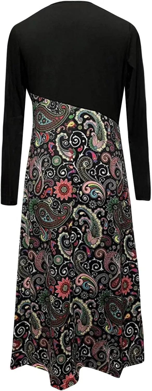 Dresses for Women 2025 Spring Midi V Neck Long Sleeve Work Boho Cute Modest Holiday Loose Dress
