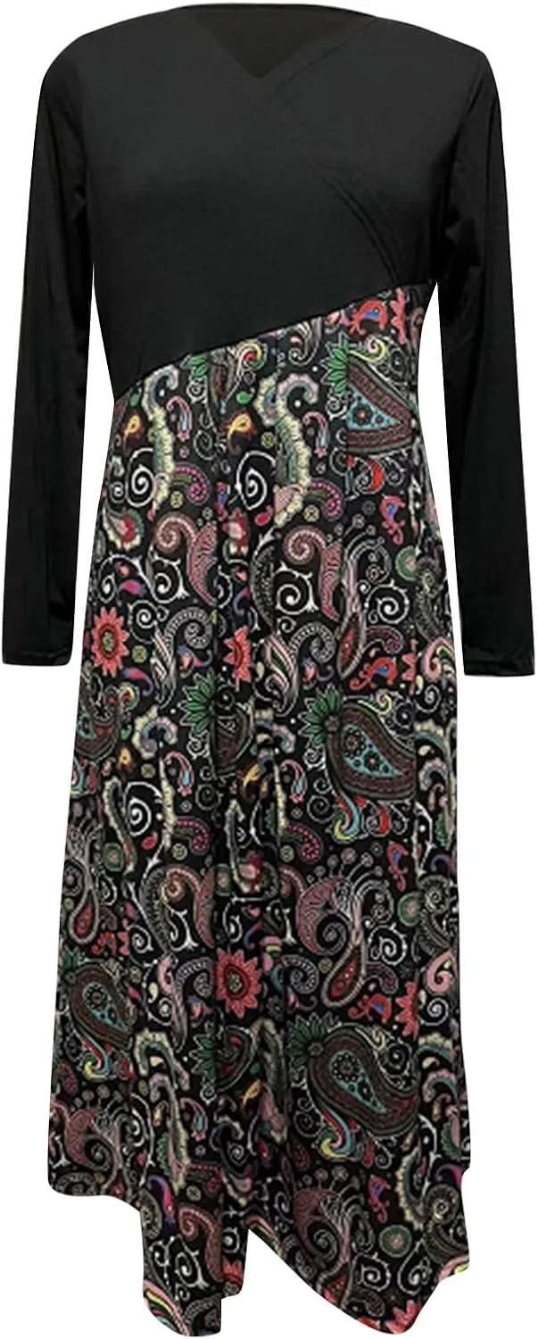 Dresses for Women 2025 Spring Midi V Neck Long Sleeve Work Boho Cute Modest Holiday Loose Dress