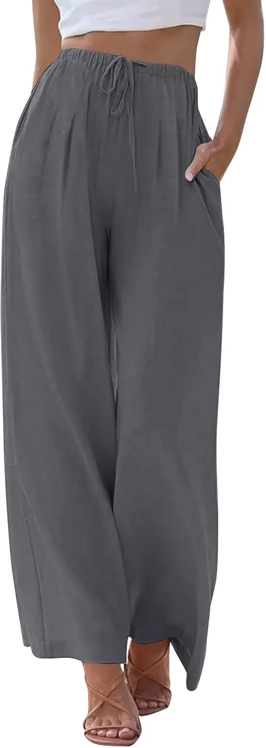 fanmpghleoo Linen Pants Women Summer Wide Leg Plus Size Palazzo Pants Flowy Beach High Waisted Linen Trousers with Pockets