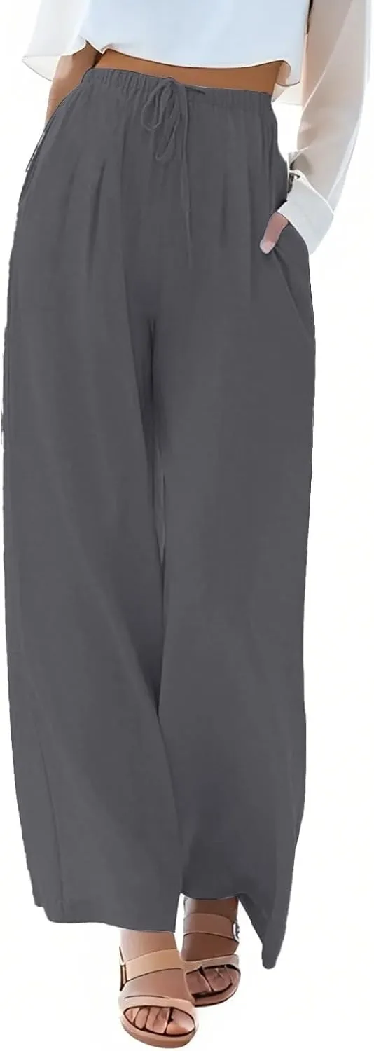 fanmpghleoo Linen Pants Women Summer Wide Leg Plus Size Palazzo Pants Flowy Beach High Waisted Linen Trousers with Pockets