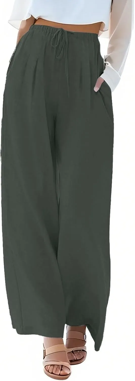 fanmpghleoo Linen Pants Women Summer Wide Leg Plus Size Palazzo Pants Flowy Beach High Waisted Linen Trousers with Pockets