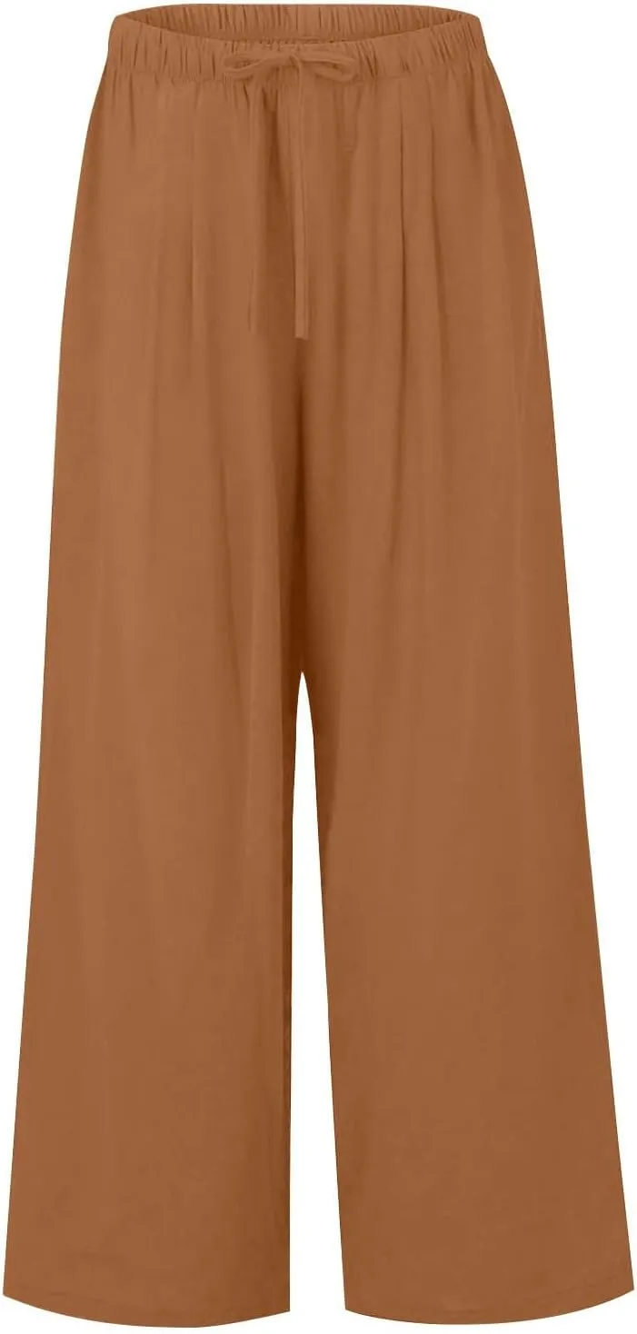 fanmpghleoo Linen Pants Women Summer Wide Leg Plus Size Palazzo Pants Flowy Beach High Waisted Linen Trousers with Pockets