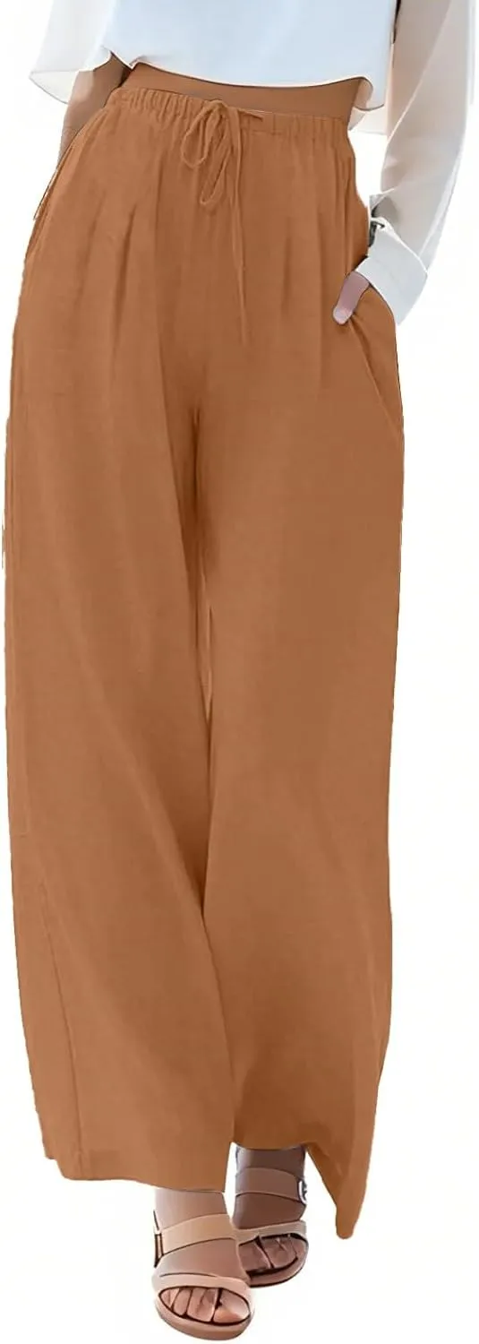 fanmpghleoo Linen Pants Women Summer Wide Leg Plus Size Palazzo Pants Flowy Beach High Waisted Linen Trousers with Pockets