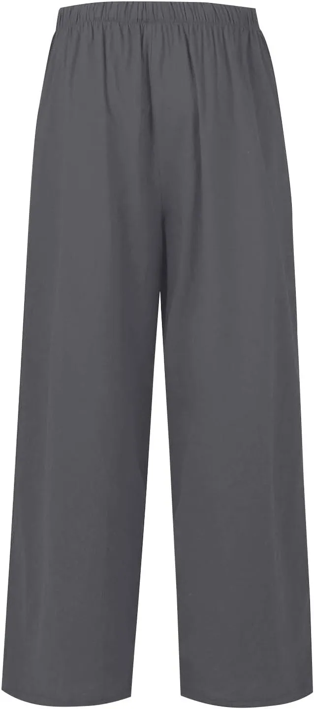 fanmpghleoo Linen Pants Women Summer Wide Leg Plus Size Palazzo Pants Flowy Beach High Waisted Linen Trousers with Pockets