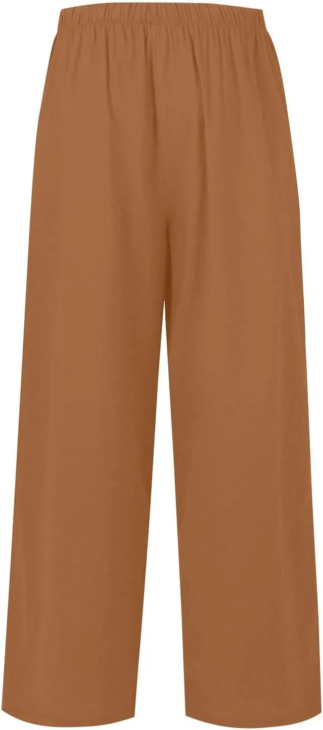 fanmpghleoo Linen Pants Women Summer Wide Leg Plus Size Palazzo Pants Flowy Beach High Waisted Linen Trousers with Pockets