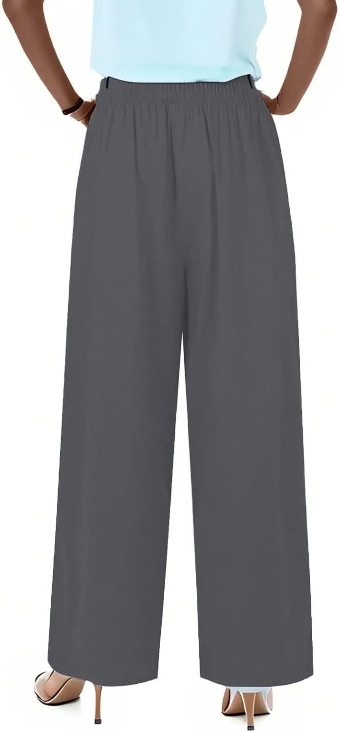 fanmpghleoo Linen Pants Women Summer Wide Leg Plus Size Palazzo Pants Flowy Beach High Waisted Linen Trousers with Pockets