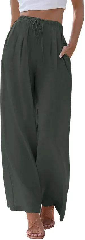 fanmpghleoo Linen Pants Women Summer Wide Leg Plus Size Palazzo Pants Flowy Beach High Waisted Linen Trousers with Pockets