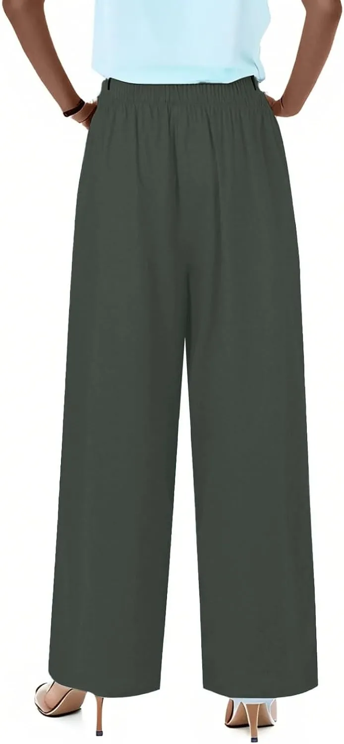 fanmpghleoo Linen Pants Women Summer Wide Leg Plus Size Palazzo Pants Flowy Beach High Waisted Linen Trousers with Pockets