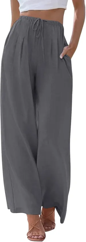 fanmpghleoo Linen Pants Women Summer Wide Leg Plus Size Palazzo Pants Flowy Beach High Waisted Linen Trousers with Pockets