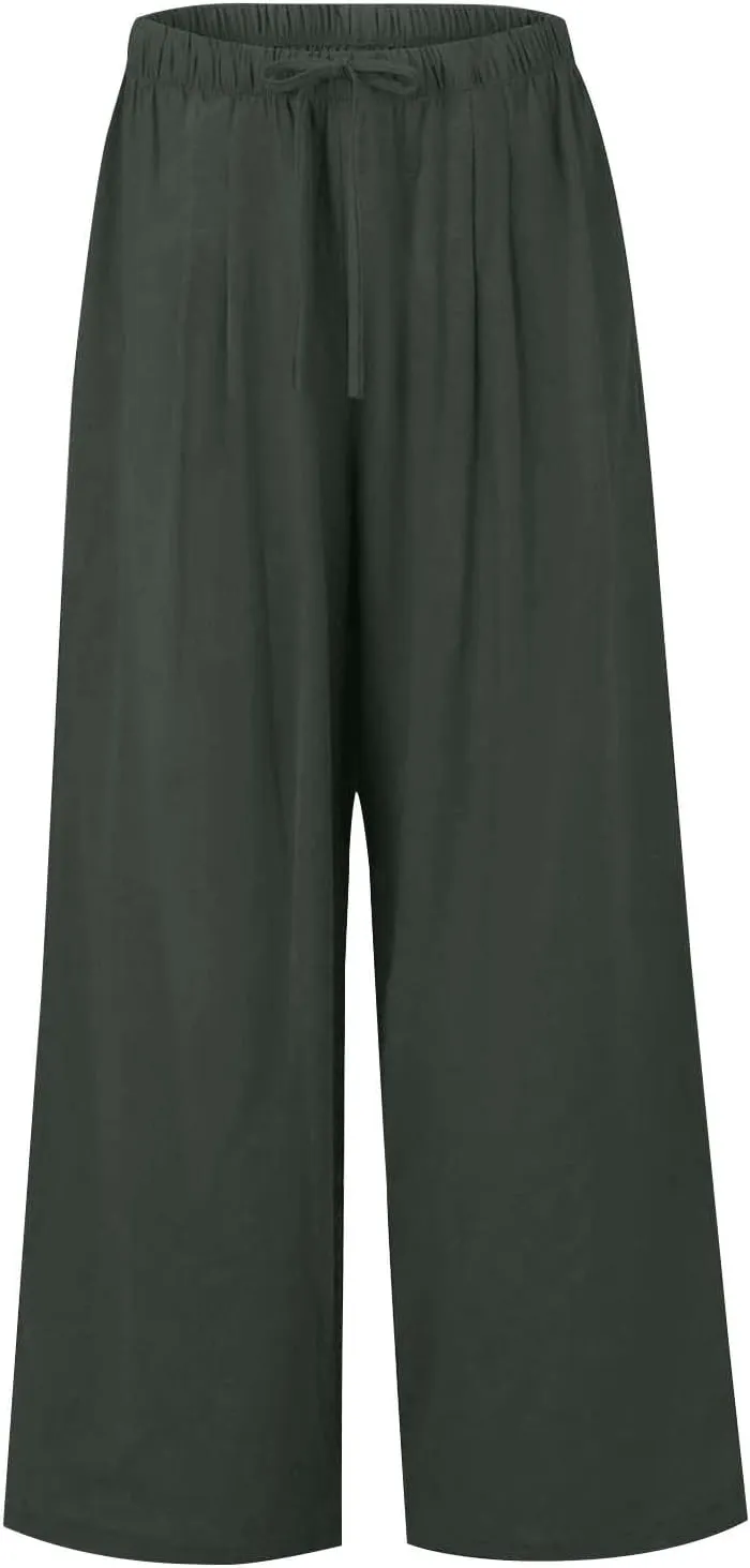 fanmpghleoo Linen Pants Women Summer Wide Leg Plus Size Palazzo Pants Flowy Beach High Waisted Linen Trousers with Pockets