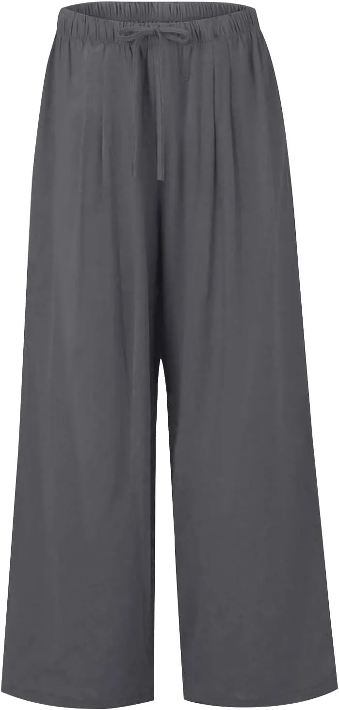 fanmpghleoo Linen Pants Women Summer Wide Leg Plus Size Palazzo Pants Flowy Beach High Waisted Linen Trousers with Pockets