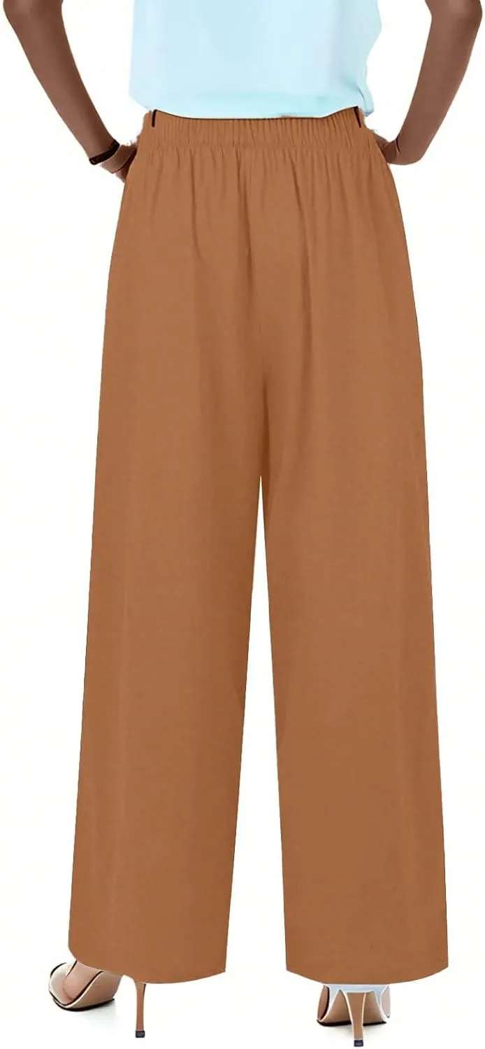 fanmpghleoo Linen Pants Women Summer Wide Leg Plus Size Palazzo Pants Flowy Beach High Waisted Linen Trousers with Pockets