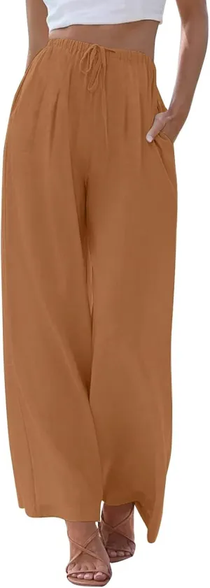 fanmpghleoo Linen Pants Women Summer Wide Leg Plus Size Palazzo Pants Flowy Beach High Waisted Linen Trousers with Pockets