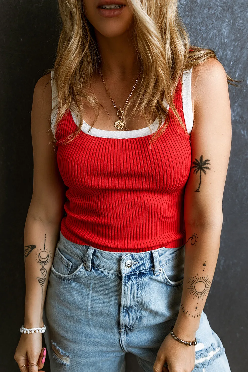 Fiery Red Colorblock Edge Ribbed Knit U Neck Tank Top