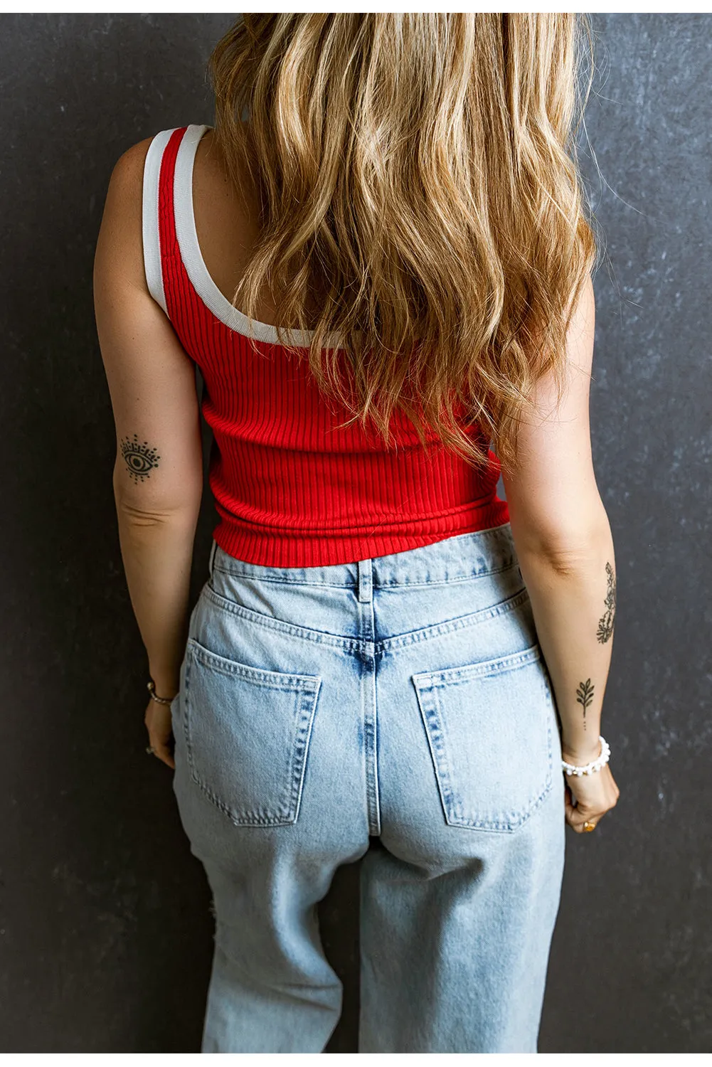 Fiery Red Colorblock Edge Ribbed Knit U Neck Tank Top