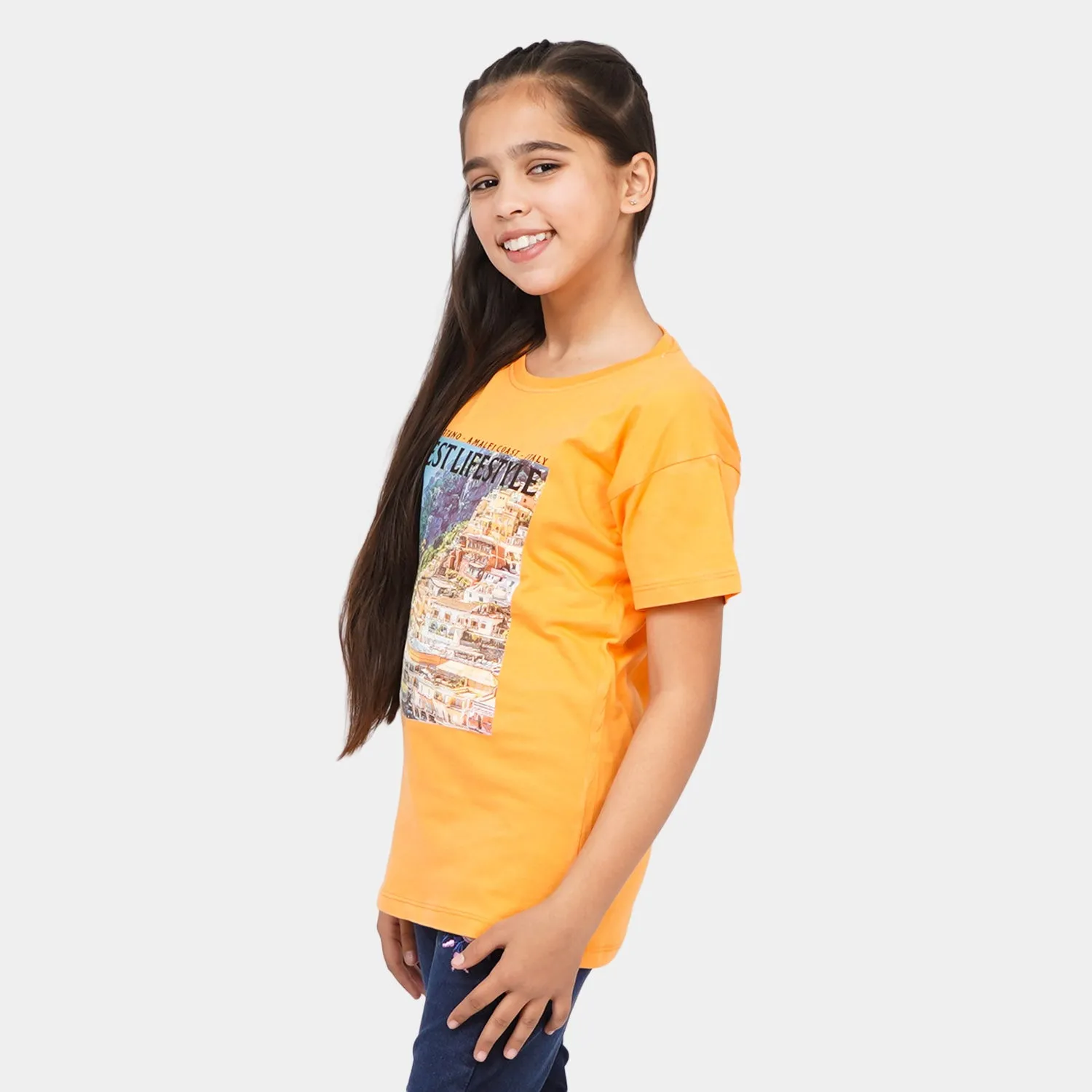 Girls Cotton T-Shirt Amalfi Coast - Orange