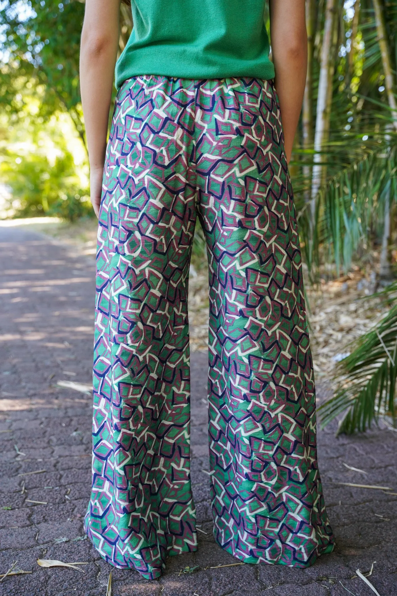 Green & Plum Flare Leg Pants Pull On Pants