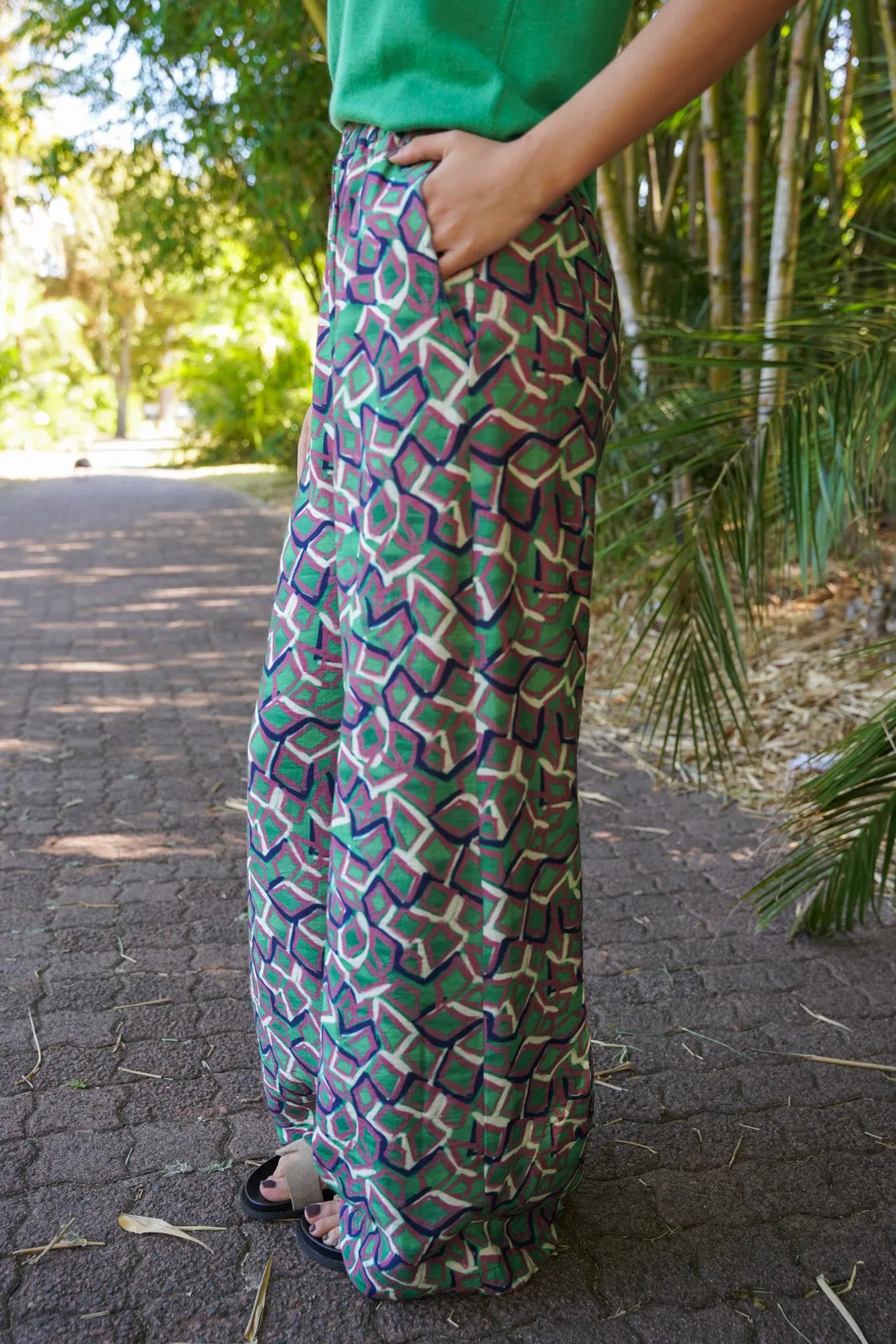 Green & Plum Flare Leg Pants Pull On Pants