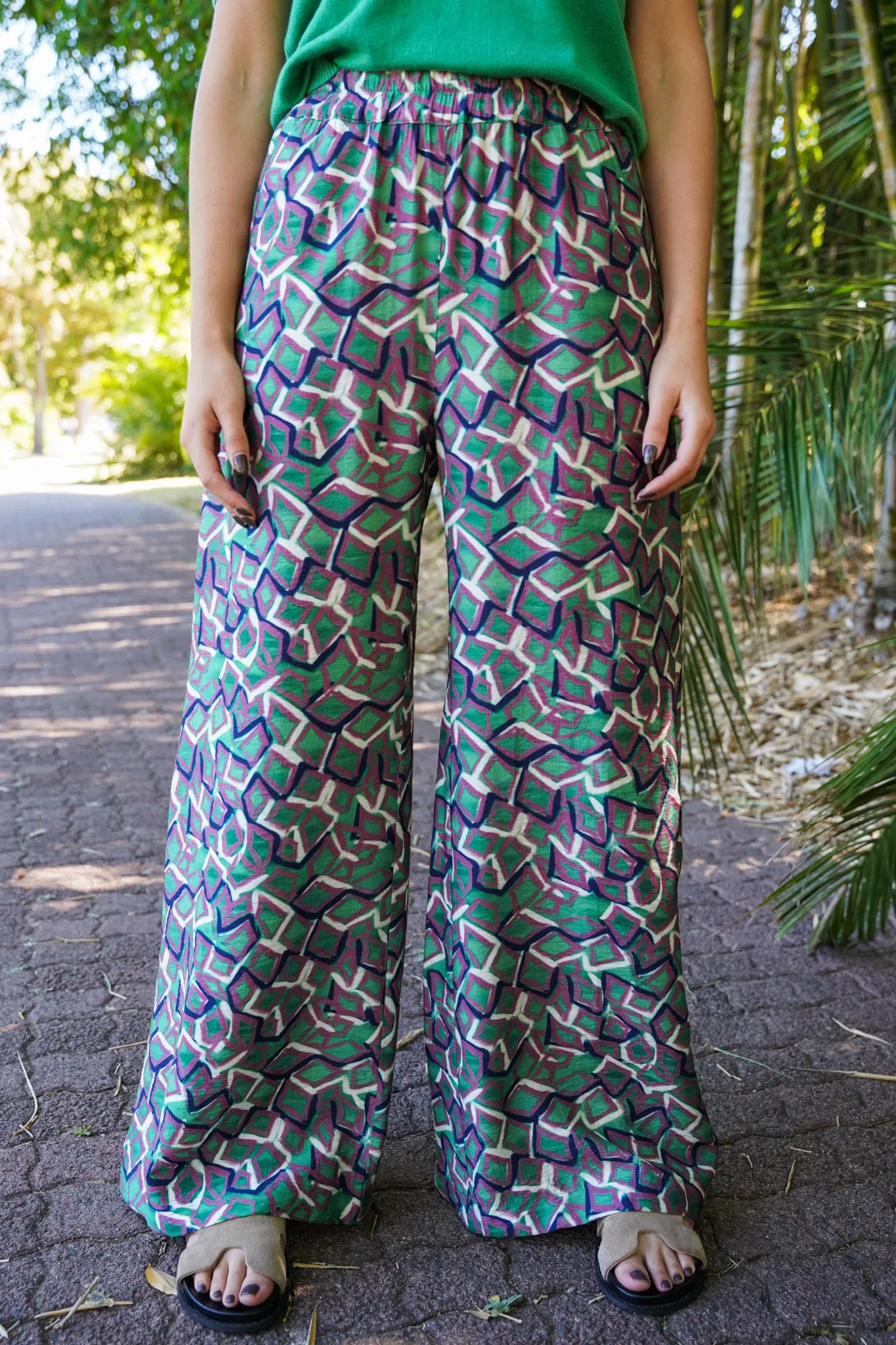 Green & Plum Flare Leg Pants Pull On Pants