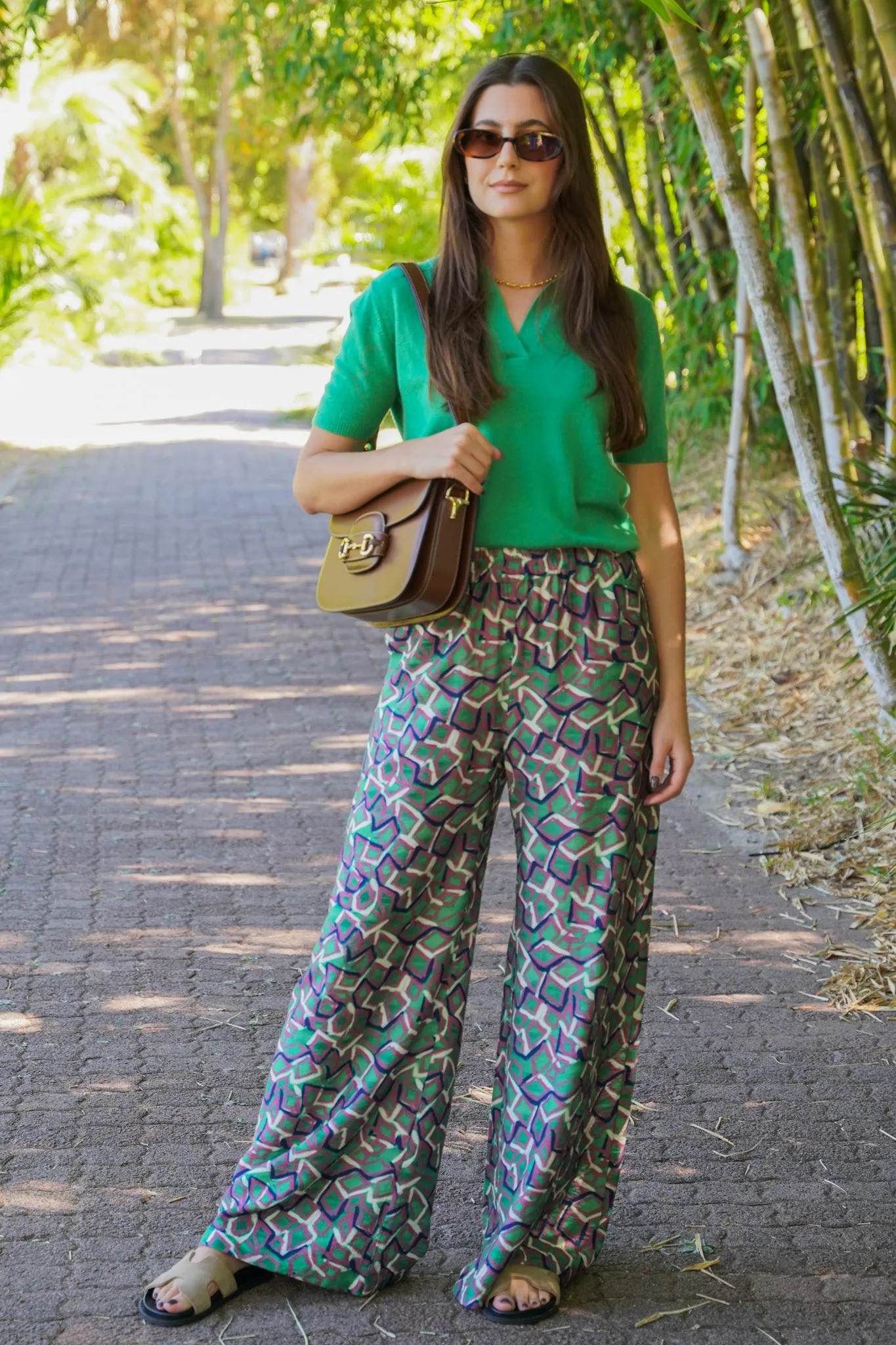 Green & Plum Flare Leg Pants Pull On Pants