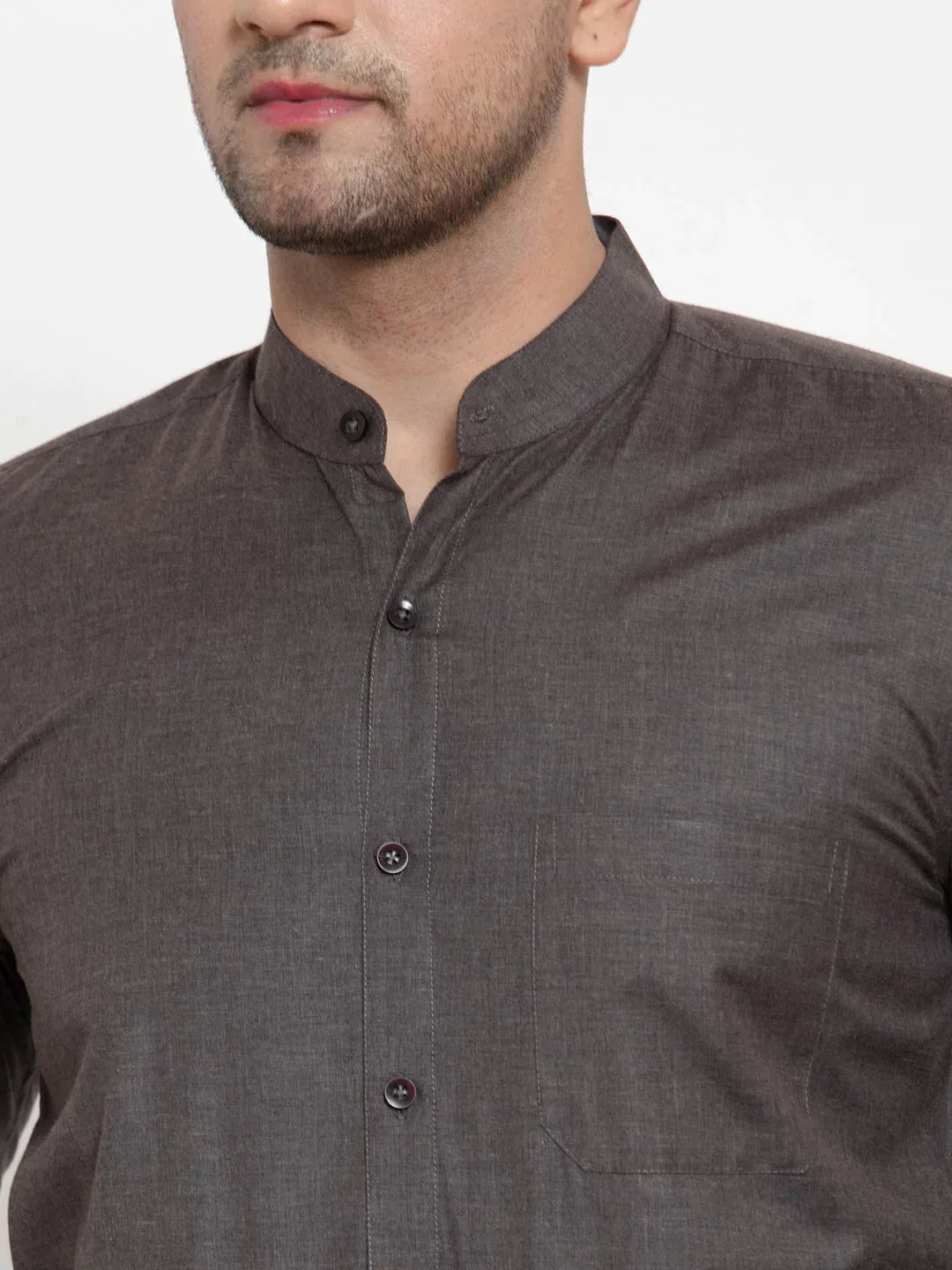 Grey Melange Men'S Cotton Solid Mandarin Collar Formal Shirts