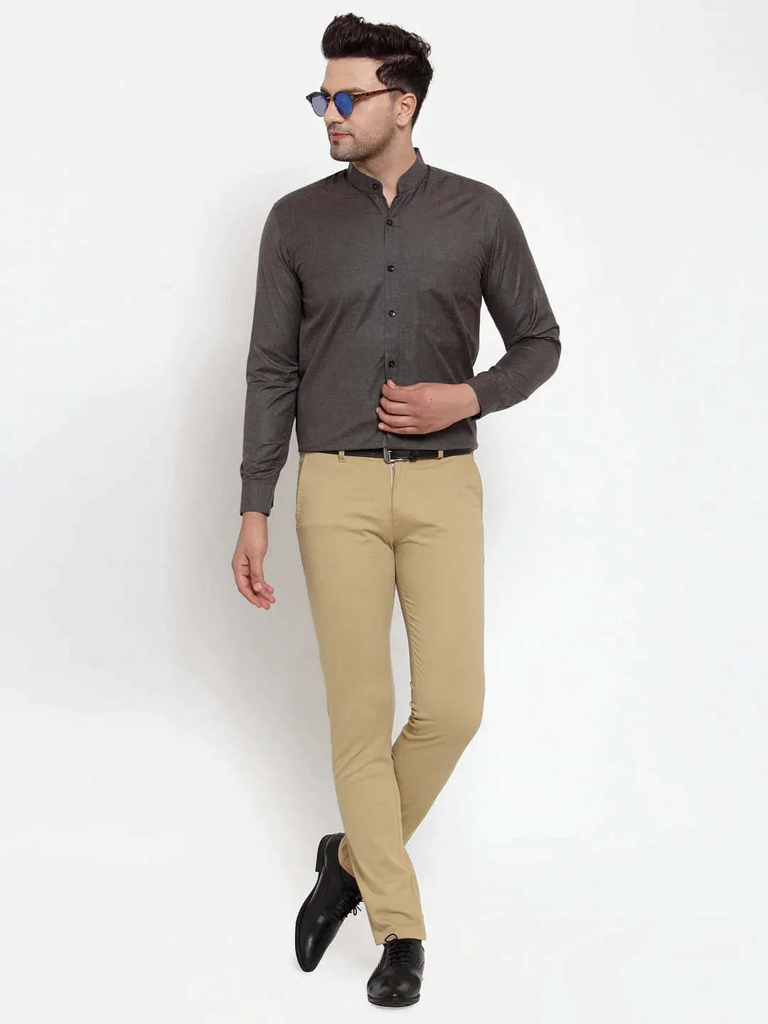 Grey Melange Men'S Cotton Solid Mandarin Collar Formal Shirts