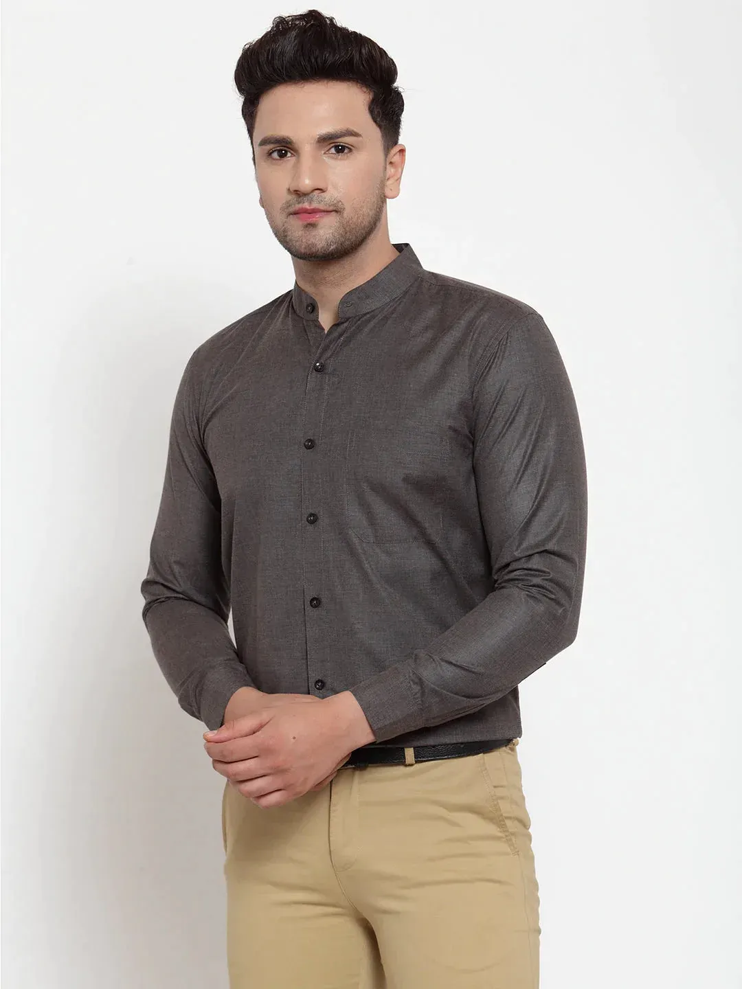 Grey Melange Men'S Cotton Solid Mandarin Collar Formal Shirts