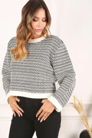 Herringbone Pattern Crew Neck Sweater  **This item has free shipping.**