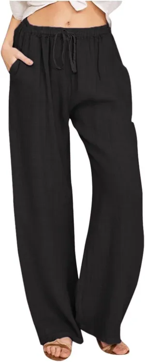 High Waisted Linen Pants Women Summer Casual Cotton Palazzo Pants Loose Fit Lightweight Wide Leg Pants with Pockets
