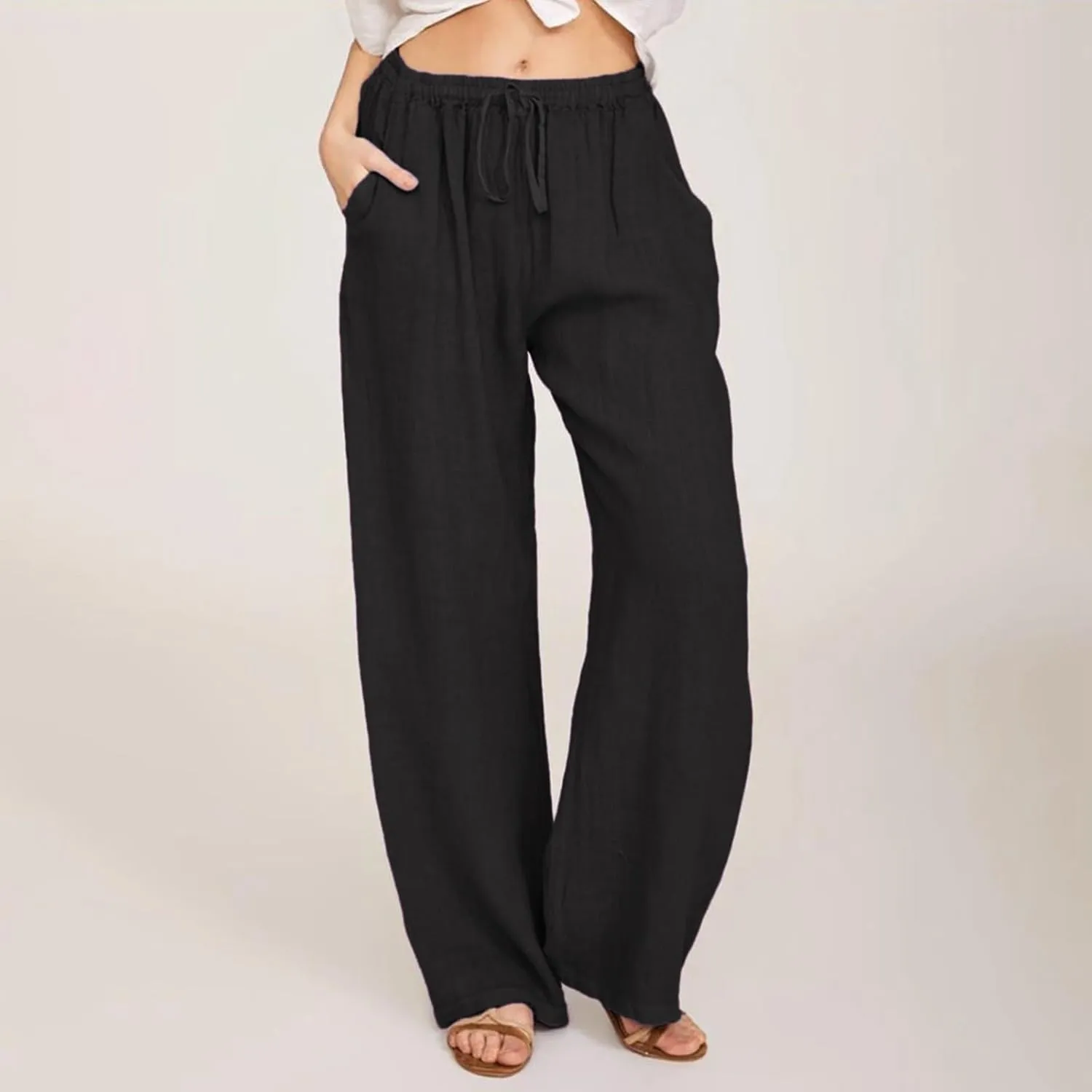 High Waisted Linen Pants Women Summer Casual Cotton Palazzo Pants Loose Fit Lightweight Wide Leg Pants with Pockets