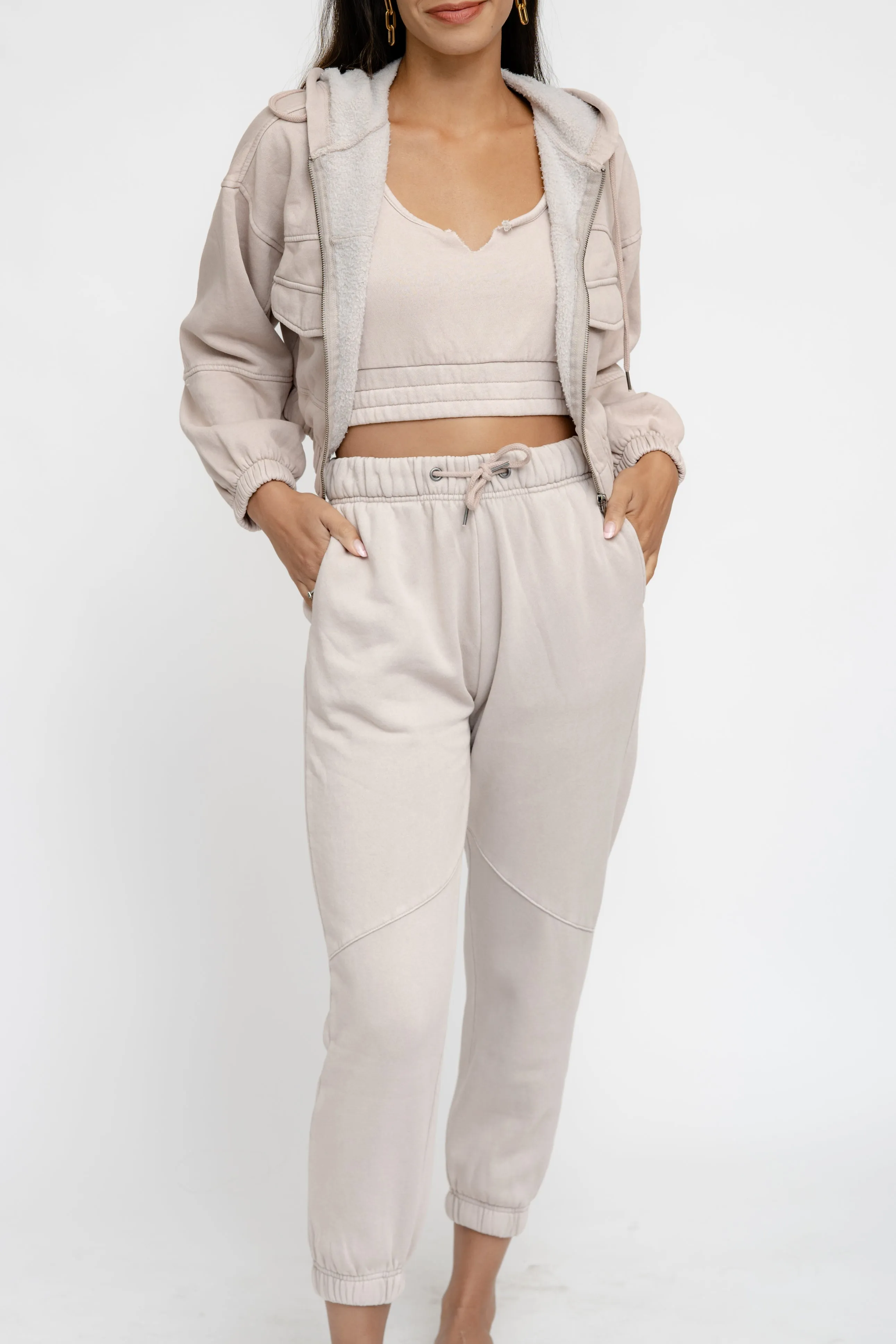 HONEY WHEAT WASHED FLEECE CROP ZIP HOODIE
